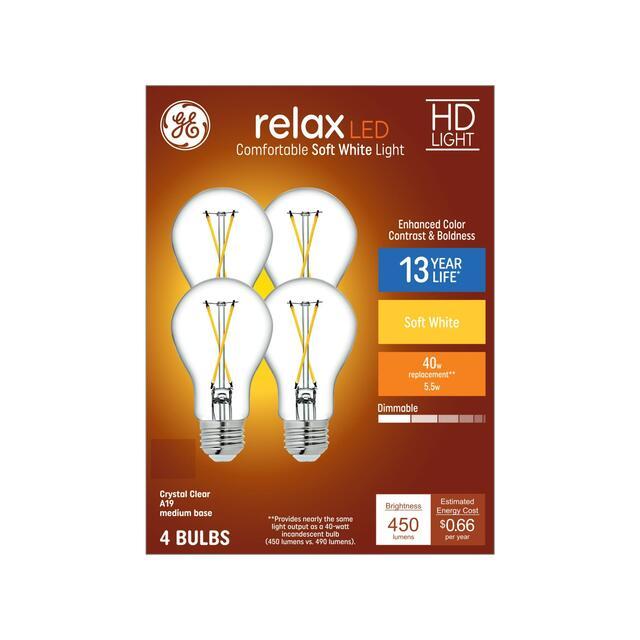 GE Relax HD LED 40 Watt Replacement, Soft White, A19 General Purpose Bulbs (4 Pack)
