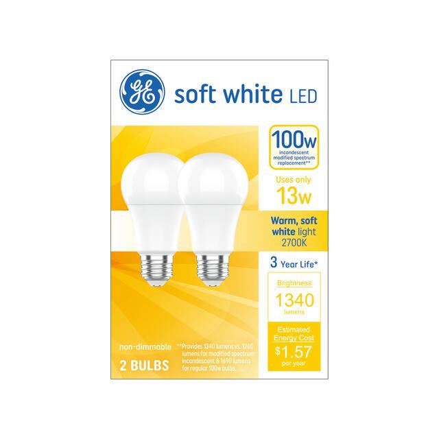 GE LED Light Bulbs, A19 General Purpose Bulbs, 100 Watt Replacement, Soft White (2 Pack)