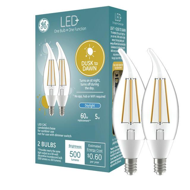 GE LED+ Dusk to Dawn LED Light Bulbs, Security Lights, 60 Watt Replacement, Medium Base, Decorative Candle Bulbs, Daylight (2 Pack)