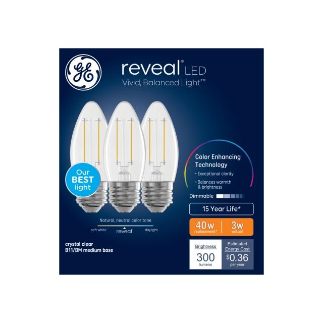 GE Reveal HD+ LED 40 Watt Replacement, Reveal, B11 Deco - Candle Bulbs (3 Pack)
