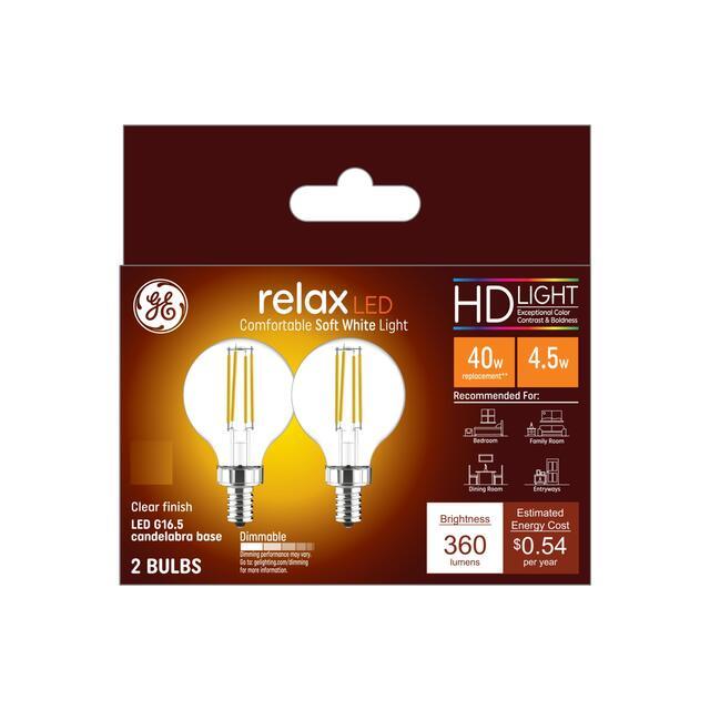 GE Relax HD G16.5 LED Light Bulbs, Vanity Globe Lights, 40 Watt Replacement, Soft White (2 Pack)