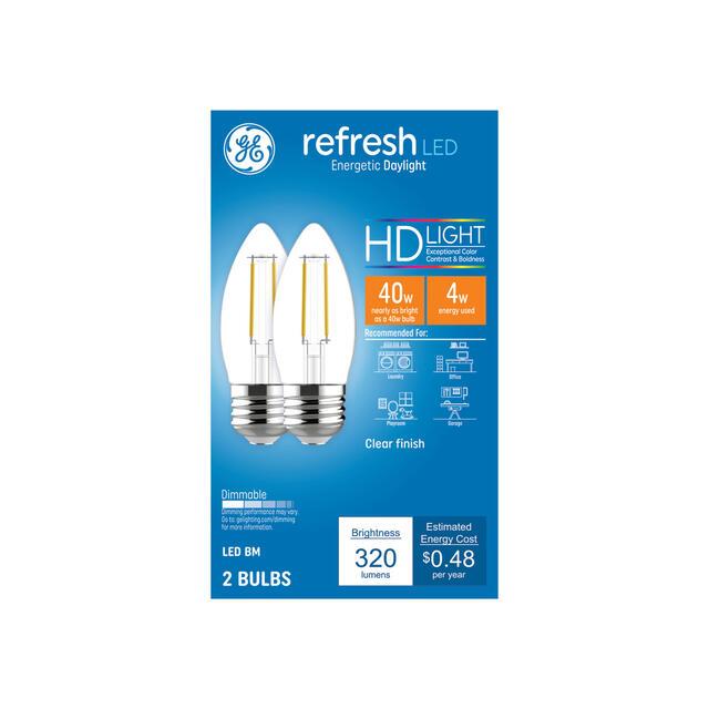 GE Refresh HD LED 40 Watt Replacement, Daylight, B11 Deco - Candle Bulbs (2 Pack)