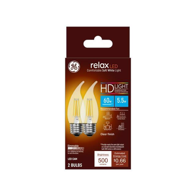 GE Relax HD CA11 LED Light Bulbs, Decorative Candle Bulbs, 60 Watt Replacement, Soft White (2 Pack)