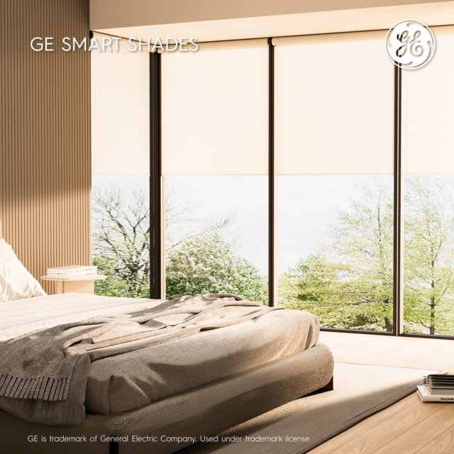 GE Smart Shade, Motorized Window Blind with Matter & Remote Control, Easy Install, Black Hardware, Translucent White Fabric, Quiet Operation, 38” Width, Adjustable Length, 1 Shade