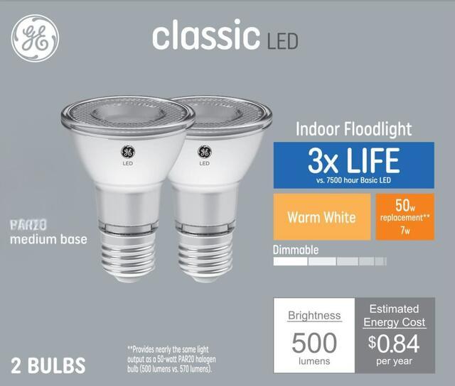 GE Classic LED 50 Watt Replacement, Warm White, PAR20 Indoor Floodlight Bulbs (2 Pack)