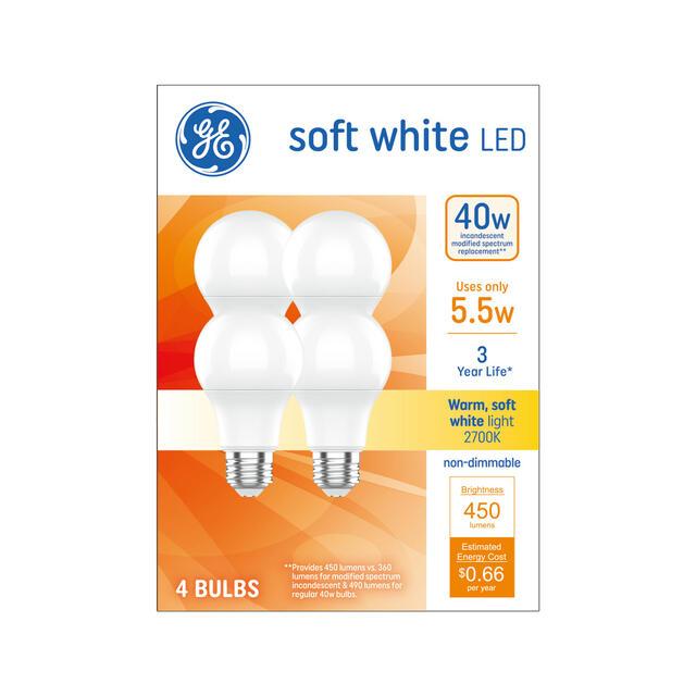GE Basic LED 40 Watt Replacement, Soft White, A19 General Purpose Bulbs (4 Pack)