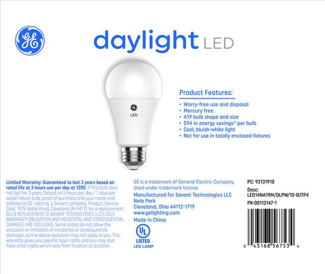 GE Basic LED 100 Watt Replacement, Daylight, A19 General Purpose Bulbs (4 Pack)