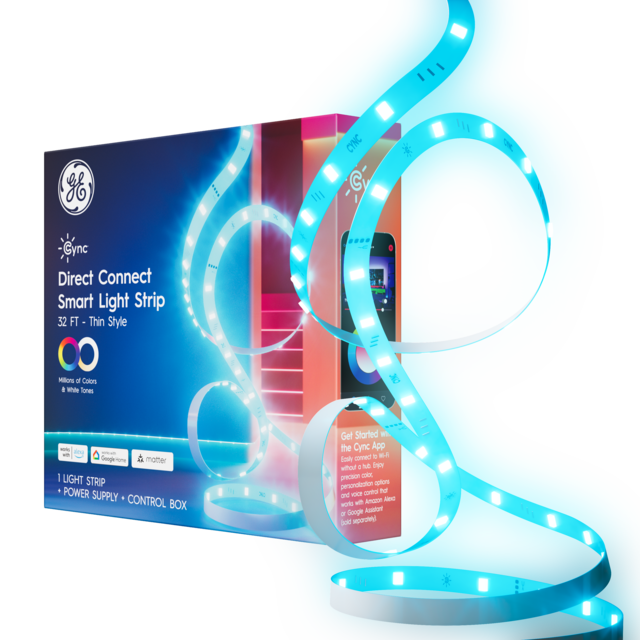 GE Cync Direct Connect Smart LED Light Strip Color Changing Strip Light Matter Compatible Works with Alexa and Google Home 32ft Power Cord