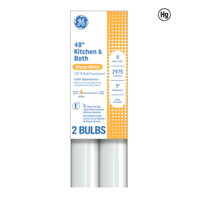 GE Warm White 32 Watt 47.24 Inch T8 G13 Base Fluorescent Tube 2 Pack