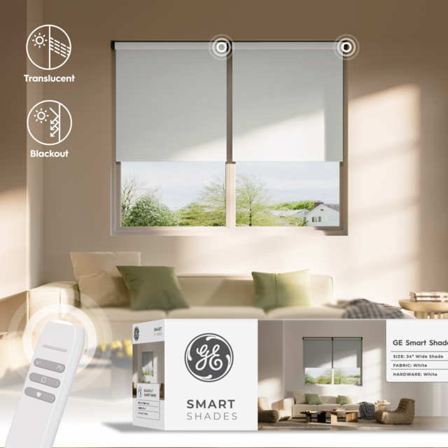 GE Smart Shade, Motorized Window Blind with Matter & Remote Control, Easy Install, White Hardware, Blackout White Fabric, Quiet Operation, 34” Width, Adjustable Length, 1 Shade