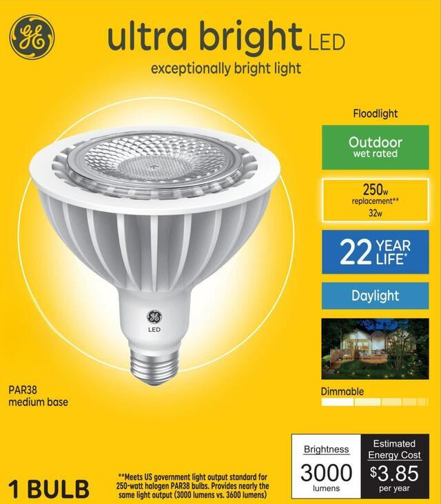 GE Ultra Bright LED 250 Watt Replacement, Daylight, PAR38 Outdoor Floodlight Bulb (1 Pack)
