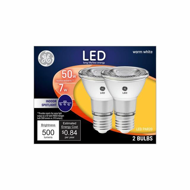 GE Classic LED 50 Watt Replacement, Warm White, PAR20 Indoor Spotlight Bulbs (2 Pack)