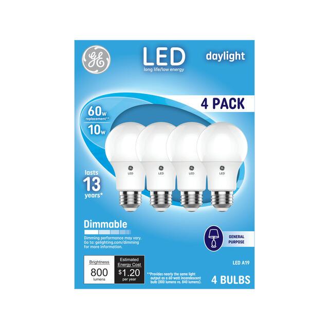 GE Classic LED Light 60 Bulbs Watt Replacement , Daylight, A19 General Purpose Bulbs , 60 Watt Replacement, Daylight (4 Pack)