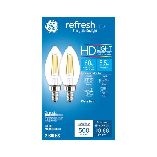 GE Refresh HD LED 60 Watt Replacement Daylight B11 Deco Candle Bulbs 2 Pack
