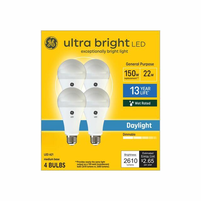 GE Ultra Bright LED 150 Watt Replacement, Daylight, A21 General Purpose Bulbs (4 Pack)