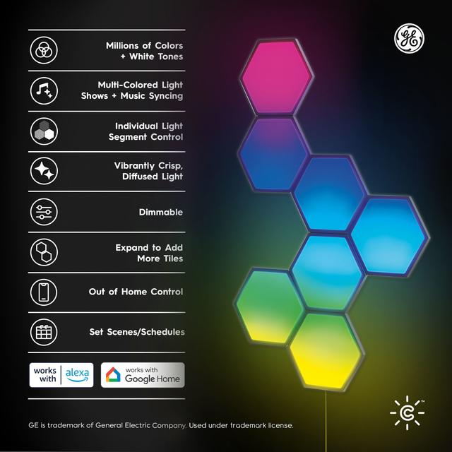 GE CYNC Dynamic Effects Full Color Smart Hexagon Panels, Works with Google Assistant and Amazon Alexa, Bluetooth and Wi-Fi Enabled (7 Pack)