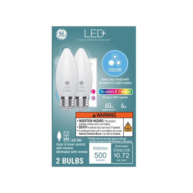 Ampoule LED à changement de couleur GE LED+, BC lumières décoratives, télécommande incluse, 60 équivalent en watts, culot moyen E26 ( 2 paquet)