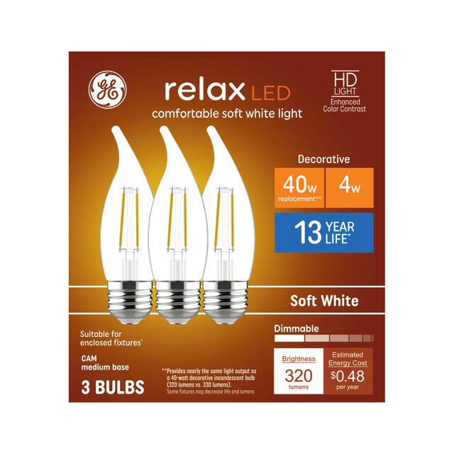GE Relax HD CA11 LED Light Bulbs, Decorative Candle Bulbs, 40 Watt Replacement, Soft White (3 Pack)