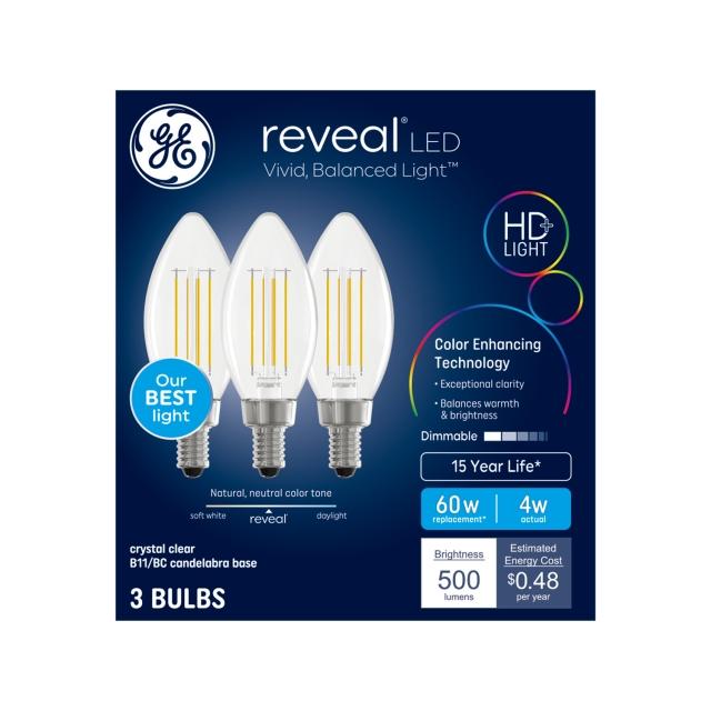GE Reveal HD+ LED 60 Watt Replacement, Reveal, B11 Deco - Candle Bulbs (3 Pack)