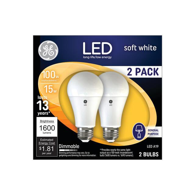 GE Classic LED 100 Watt Replacement, Soft White, A19+ General Purpose Bulbs (2 Pack)