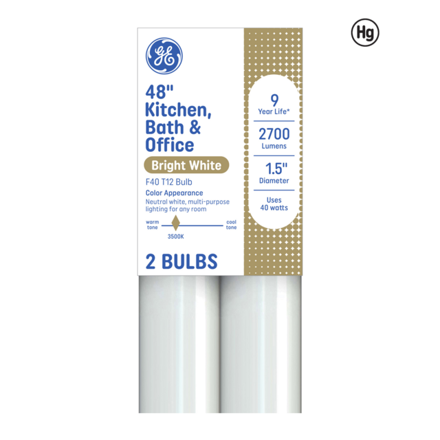 GE Bright White 40 Watt 48 Inch T12 G13 Base Fluorescent Tube 2 Pack