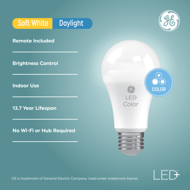 GE LED+ Color Changing LED Light Bulb, A19 Color Décor Light, Soft White and Daylight