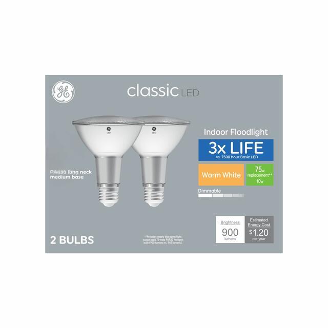 GE Classic LED 75 Watt Replacement, Warm White, PAR30L Indoor Floodlight Bulbs (2 Pack)