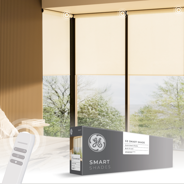 GE Smart Shade, Motorized Window Blind with Matter & Remote Control, Easy Install, Black Hardware, Translucent White Fabric, Quiet Operation, 38” Width, Adjustable Length, 1 Shade