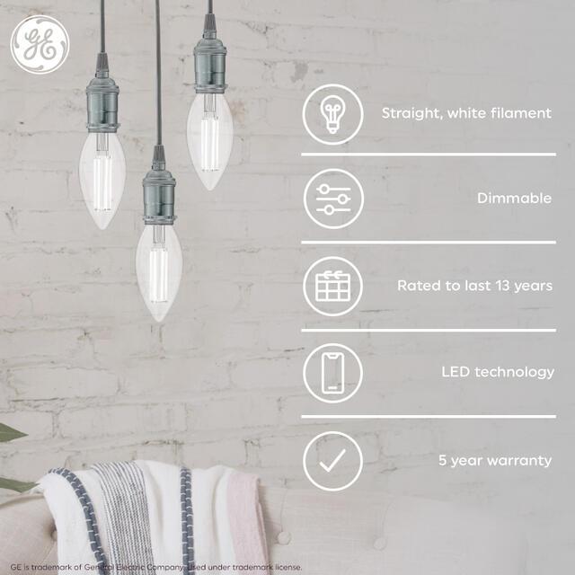 GE White Filament B11 LED Light Bulbs, Decorative Candle Bulbs, 60 Watt Replacement, Daylight, Small Candelabra Base (3 Pack)