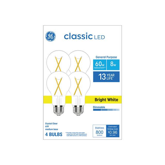 GE Classic LED 60 Watt Replacement, Bright White, A19 General Purpose Bulbs (4 Pack)