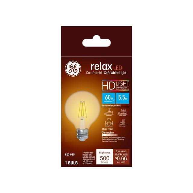 GE Relax HD G25 LED Light Bulb, Vanity Globe Lights, 60 Watt Replacement, Soft White
