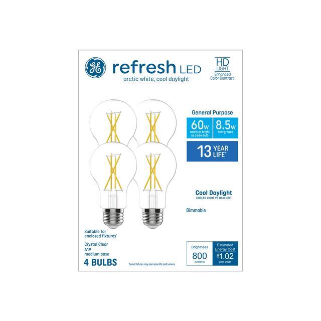 GE Refresh HD A19 LED Light Bulbs, General Purpose Bulbs, 60 Watt Replacement, Cool Daylight (4 Pack)