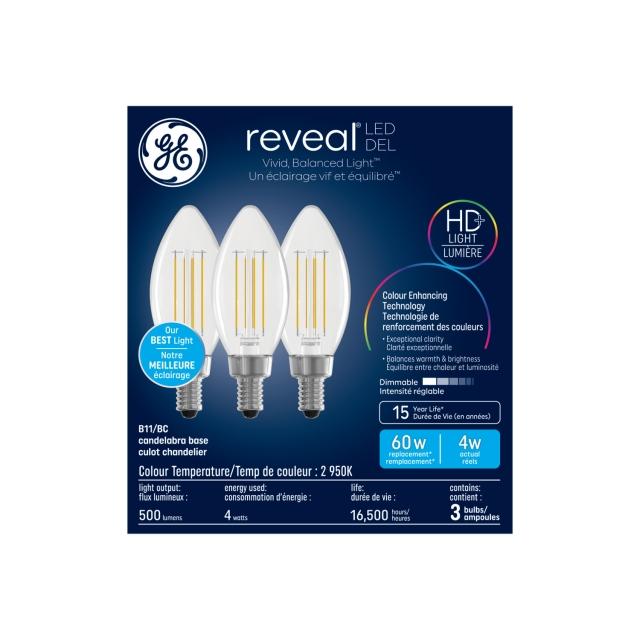 GE Reveal HD+ LED 60 Watt Replacement, Reveal, B11 General Purpose Bulbs (3 Pack)