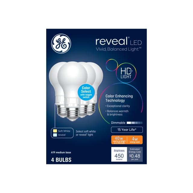 GE Reveal HD+ LED 40 Watt Replacement, Reveal + Soft White, A19 General Purpose Bulbs (4 Pack)