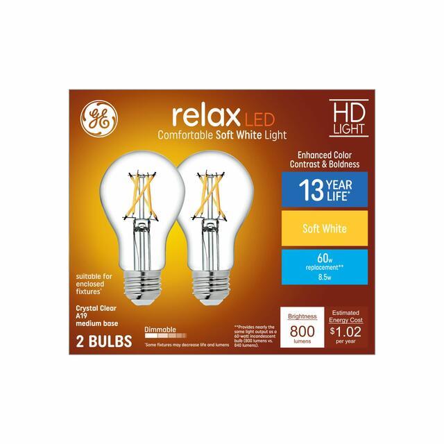GE Relax HD A19 LED Light Bulbs, General Purpose Bulbs, 60 Watt Replacement, Soft White (2 Pack)