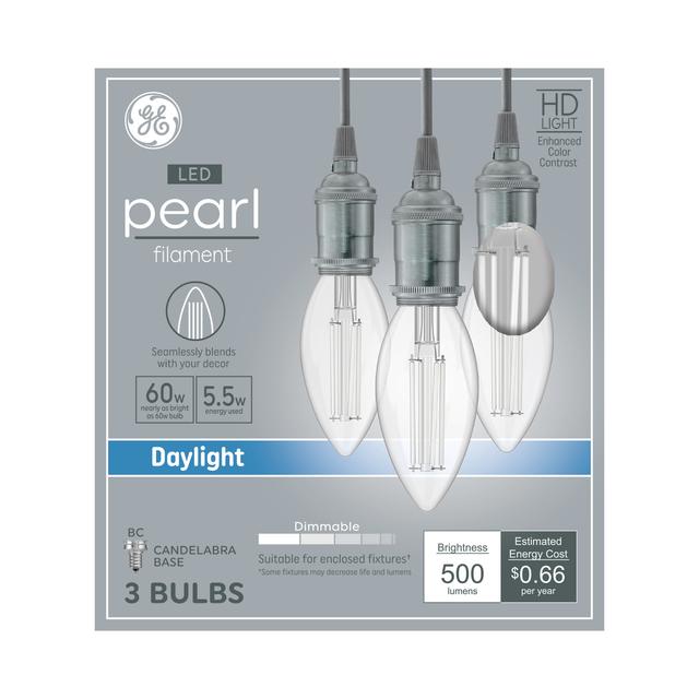GE White Filament B11 LED Light Bulbs, Decorative Candle Bulbs, 60 Watt Replacement, Daylight (3 Pack)