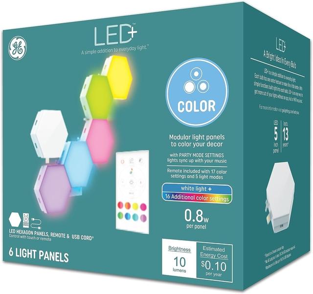GE LED+ Color Changing LED Light Tiles, Hexagon Panels Tile Light Wall Decor with Remote Control (6 Pack)