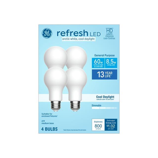 GE Refresh HD A19 LED Light Bulbs, General Purpose Bulbs, 60 Watt Replacement, Cool Daylight (4 Pack)
