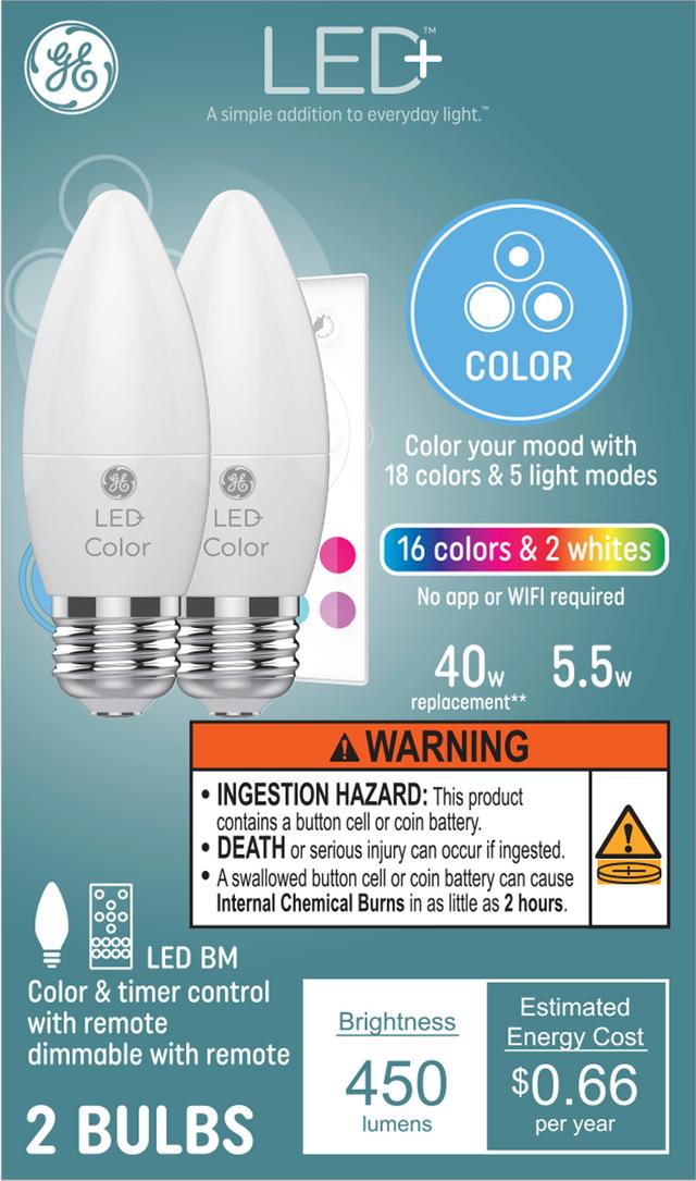 GE LED+ 40 Ampoules LED décoratives (2-Pack) à culot moyen de remplacement de couleur -watt