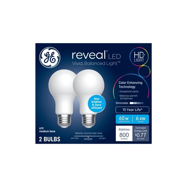 GE Reveal HD+ LED 60 Watt Replacement, Reveal, A19 General Purpose Bulbs (2 Pack)