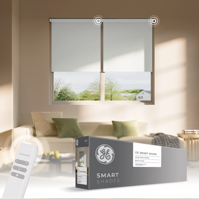 GE Smart Shade, Motorized Window Blind with Matter & Remote Control, Easy Install, White Hardware, Blackout White Fabric, Quiet Operation, 34” Width, Adjustable Length, 1 Shade