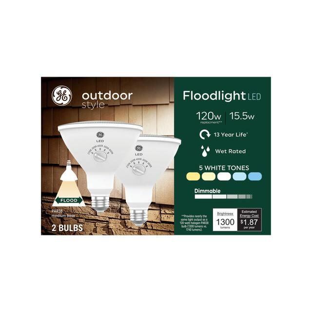 GE Outdoor Style Security PAR38 LED Floodlight, 120W Replacement Light Bulb, 5 White Tone Selection (2 Pack)