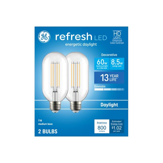 GE Refresh HD LED 60 Watt Replacement, Daylight, T18 Deco - Tubular Bulbs (2-Pack)