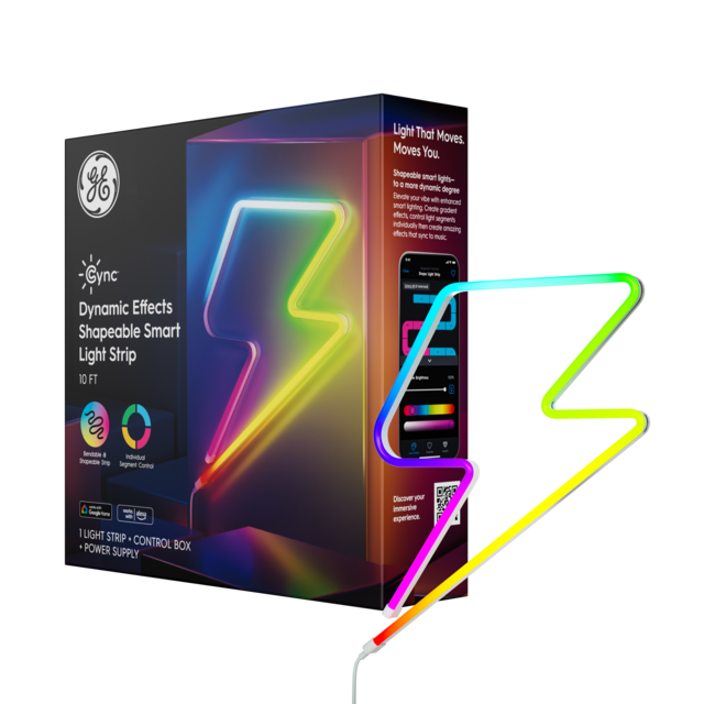 GE Cync Dynamic Effects Smart LED Shapeable Light, Color Changing Light Strip, 2.4GHz Wi-Fi Enabled, Works with Alexa and Google Home, 10ft + Power Supply