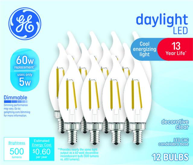GE Classic LED 60 Watt Replacement, Daylight, CA11 Deco - Candle Bulbs (12 Pack)