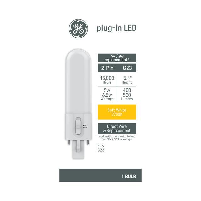 GE Plug-in LED T10 Light Bulb, 7W/9W replacement, 2-Pin G23 Base, Soft White (1 Pack)