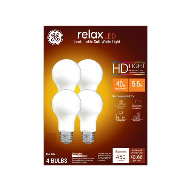GE Relax HD LED 40 Watt Replacement, Soft White, A19 General Purpose Bulbs (4 Pack)