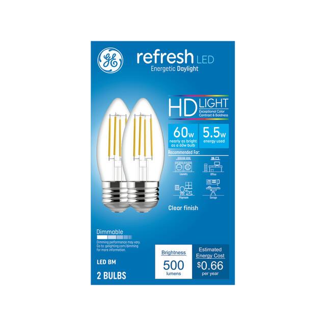 GE Refresh HD LED 60 Watt Replacement, Daylight, B11 Deco - Candle Bulbs (2 Pack)