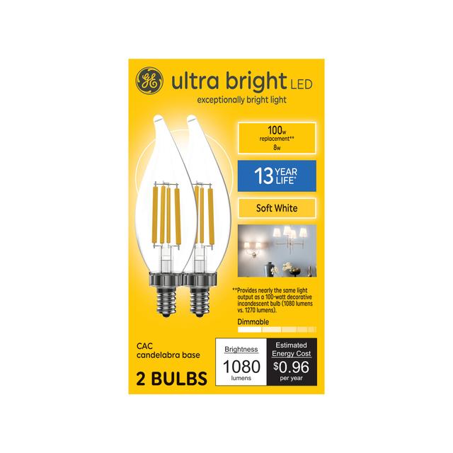 GE Ultra Bright LED 100 Watt Replacement, Soft White, CA12 Deco - Candle Bulbs (2 Pack)