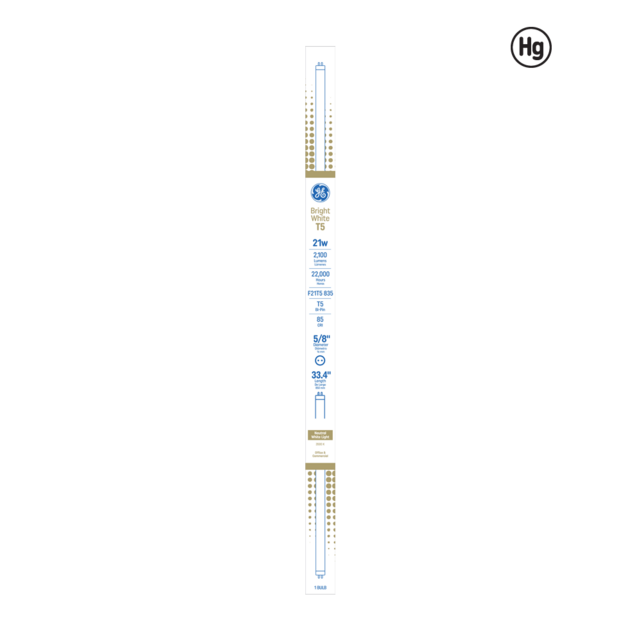 GE Bright White 21 Watt 33.46 Inch T5 G5 Base Fluorescent Tube 1 Pack